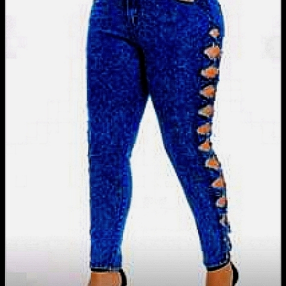 NEW BOW & HOLLOW OUT SIDE DENIM JEAN PLUS SIZE 5XL - Picture 1 of 3
